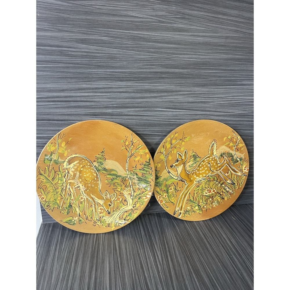 Hand-Painted Deer Motif Dinnerware Plates - Yellow/Tan
